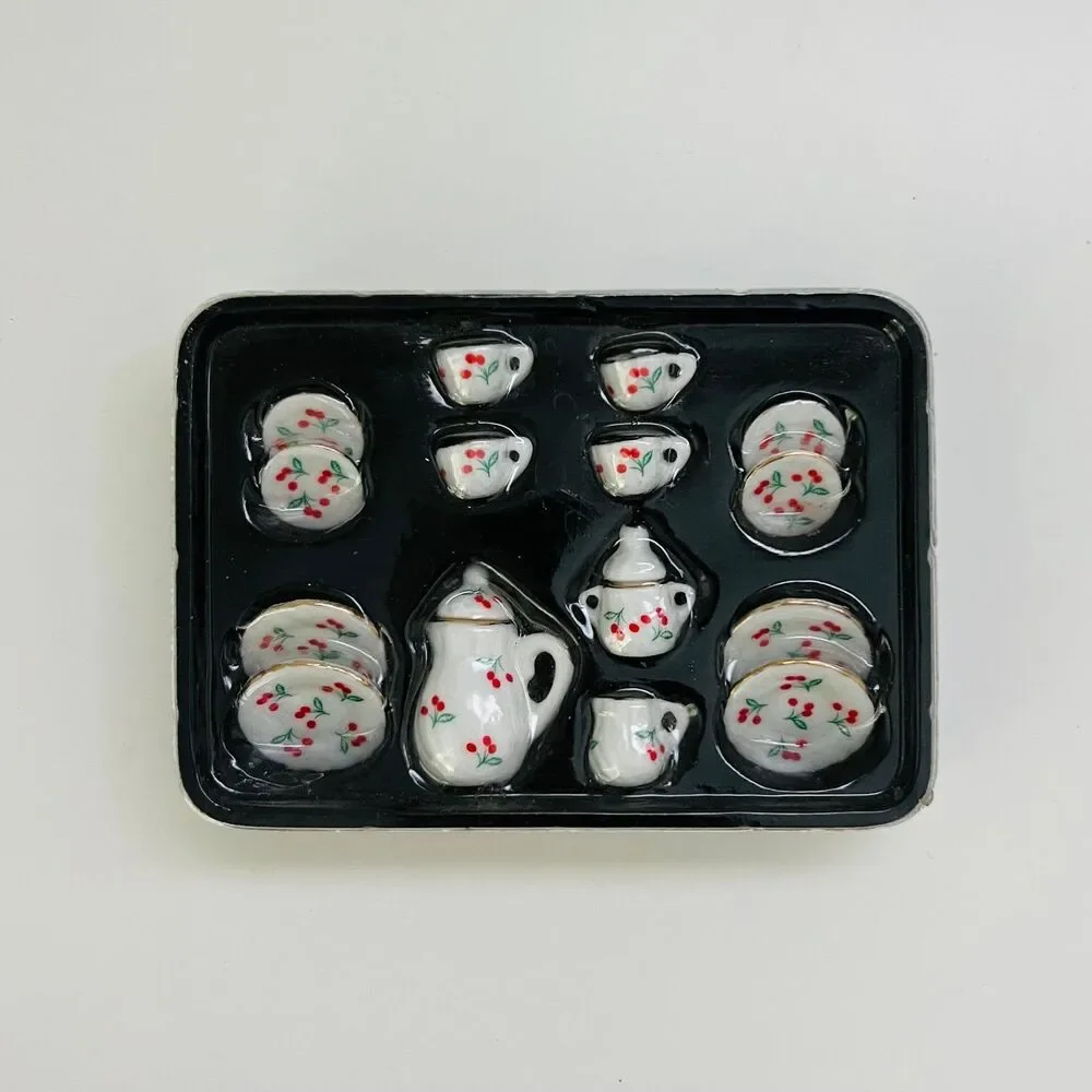 15 Piece Dollhouse Minature Ceramic Red Cherry Tea Set in 1:12 Scale